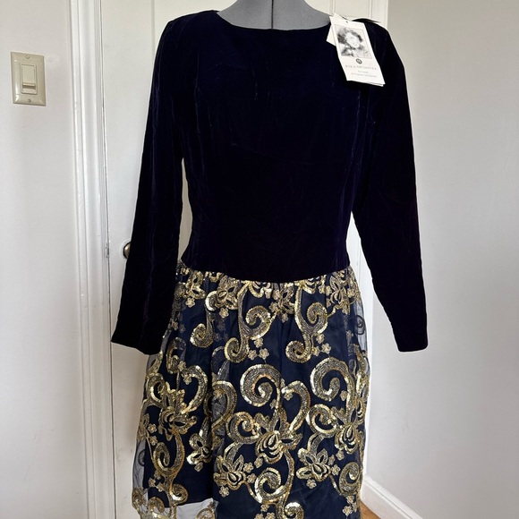 Jessica McClintock Navy Velvet Gold Sequins Long Sleeve Vintage Dress Size 14 - Picture 1 of 7